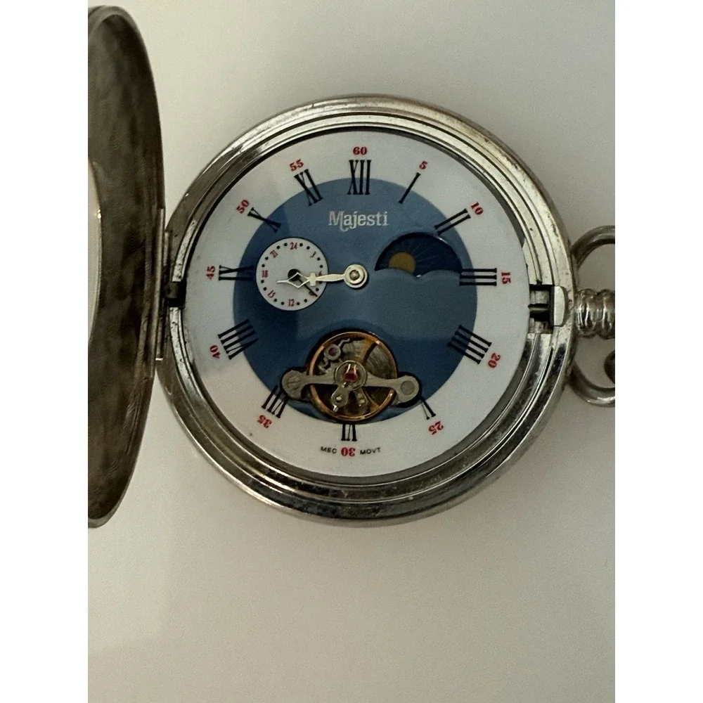 2002 Majesti Pocket‎ Watch with Inscription In Back As is Chain Silver Tone Blue